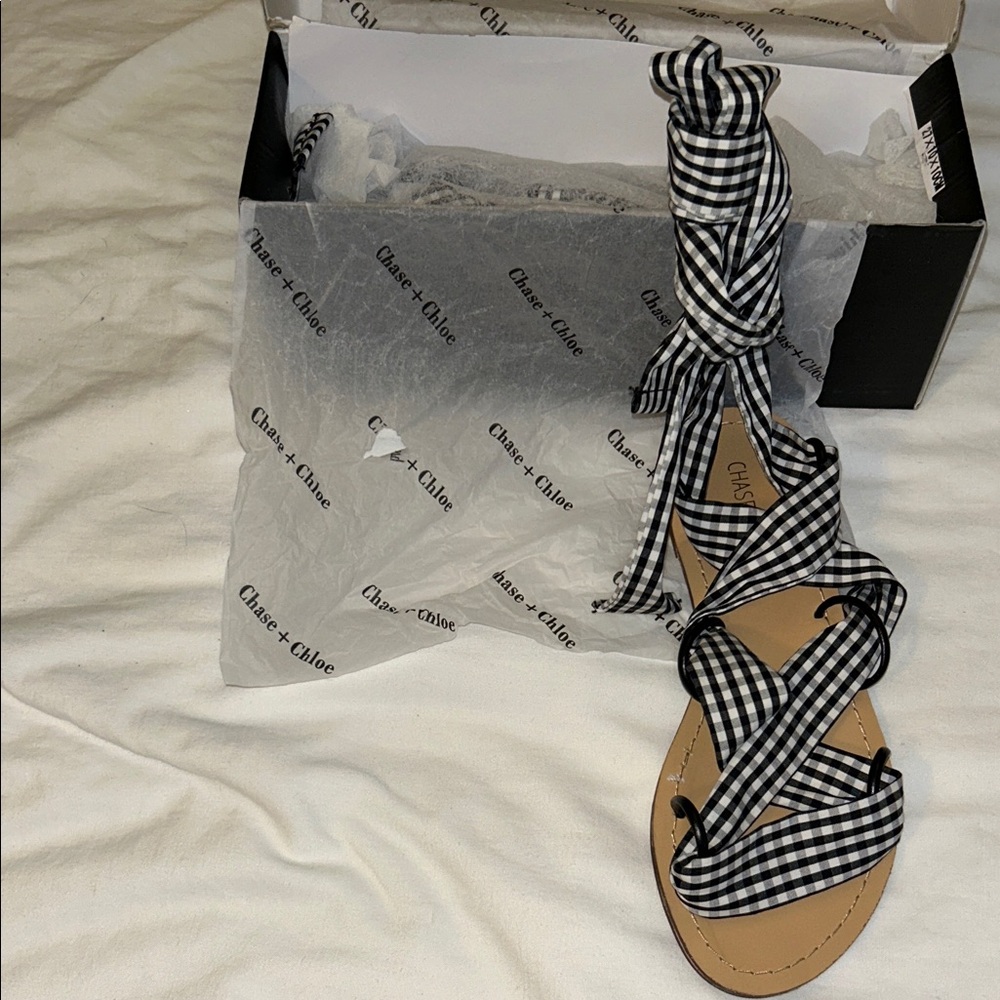 Chase + Chloe Black and White Gingham Wrap Sandals